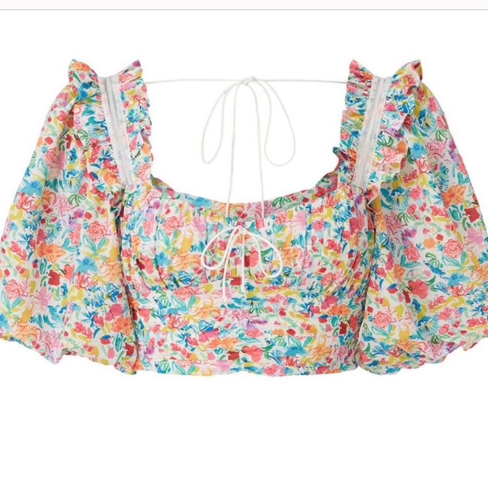 For Love & Lemons puff sleeve crop top floral size XS-S